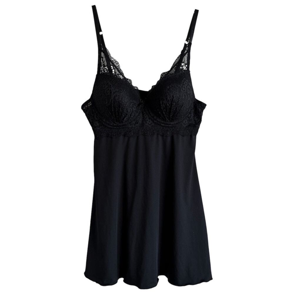 Rene Rofe Black Lace Bodice Boudoir Lingerie Slip Nightgown PJ Dress Size Small